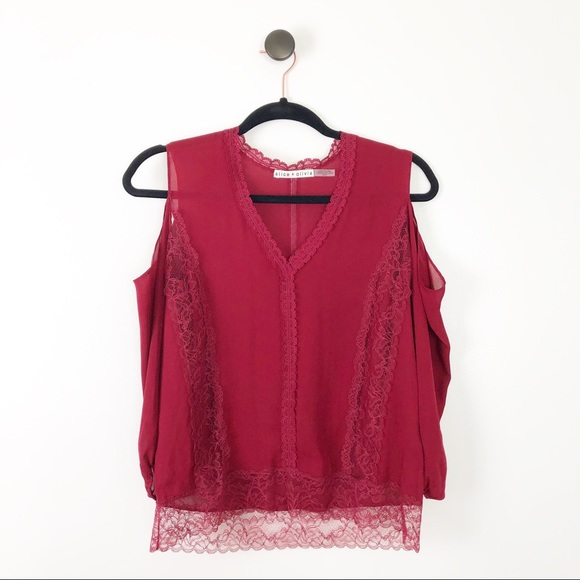 Alice + Olivia Farah Lace Silk Cold Shoulder Top - Picture 3 of 8